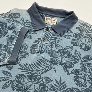 VTG Bungalow Brand Mens Med Floral Polo Shirt Blue Gray Hawaiian‎ Resort Casual